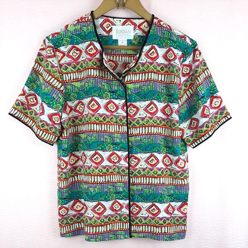 Vintage Jordan Petite Bright Colorful Button Down Short Sleeve Blouse Size PM